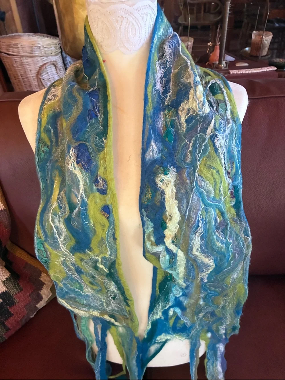Handmade By Seller Blue Green wet Felted Wool Scarf